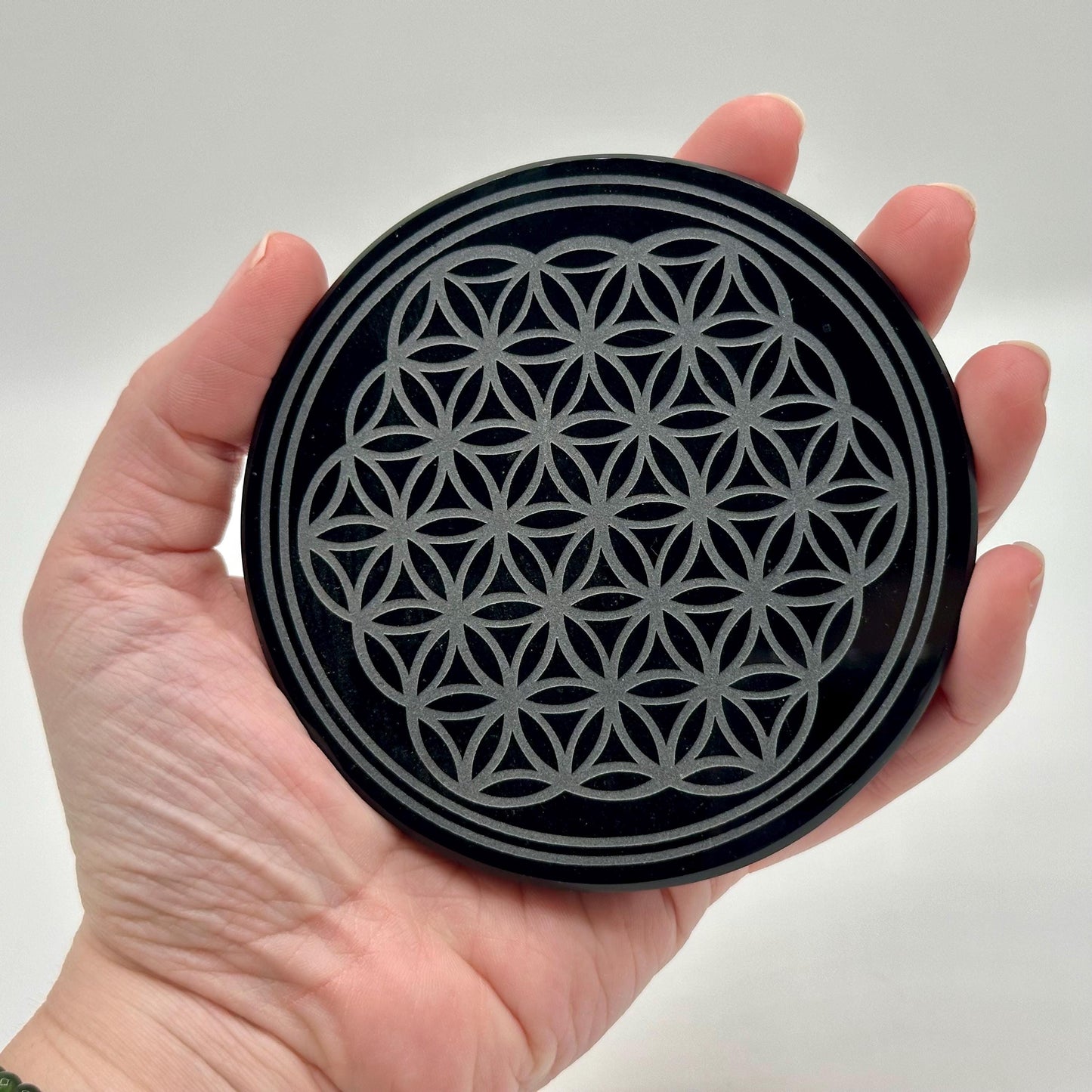 Obsidian Mirror Grid Plates Chose from Flower of Life, Metatron’s Cube or Tree of Life Designs