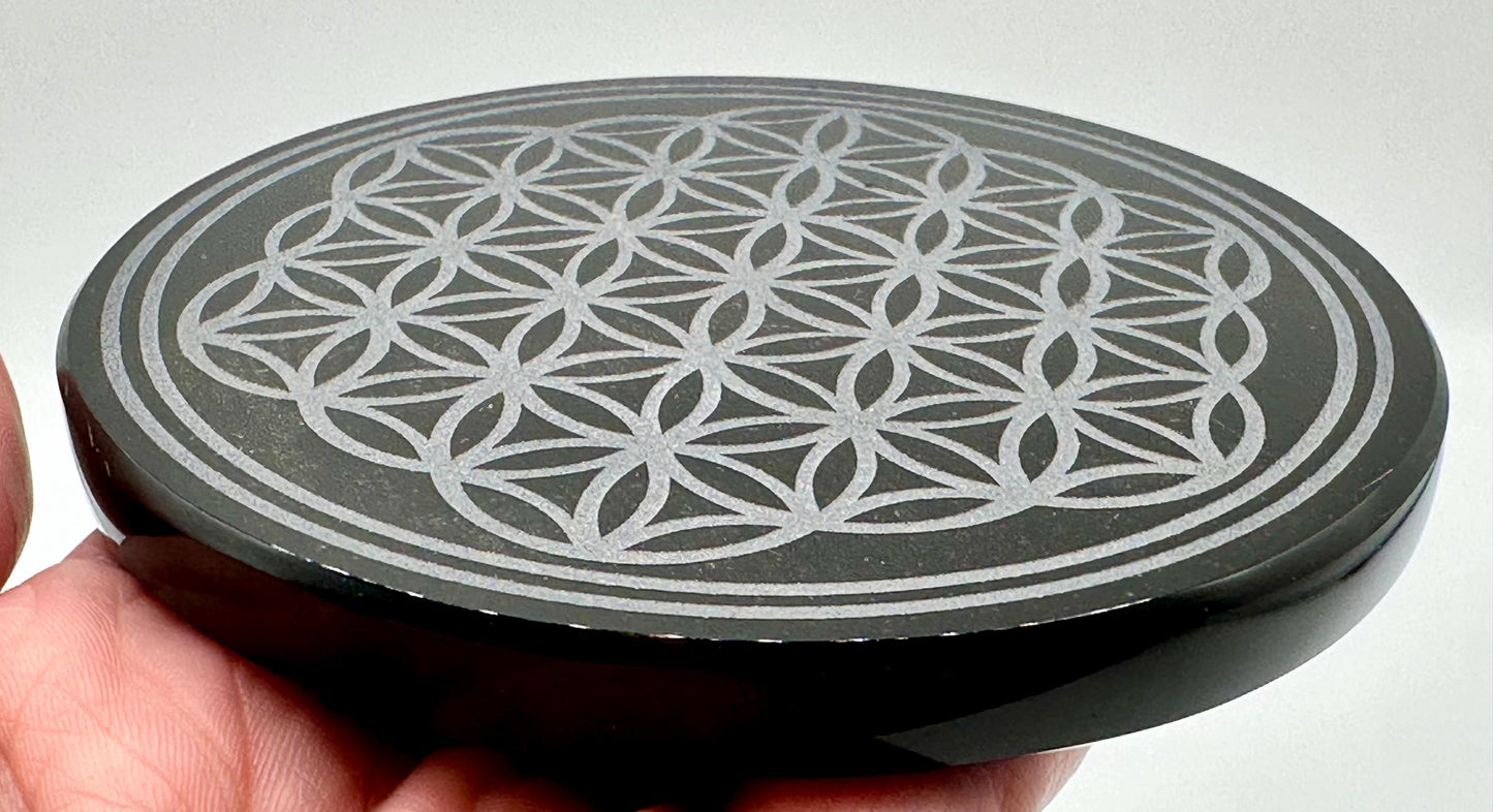 Obsidian Mirror Grid Plates Chose from Flower of Life, Metatron’s Cube or Tree of Life Designs