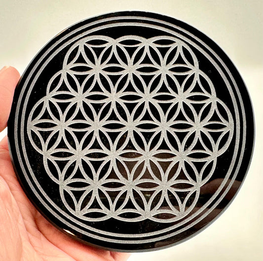 Obsidian Mirror Grid Plates Chose from Flower of Life, Metatron’s Cube or Tree of Life Designs